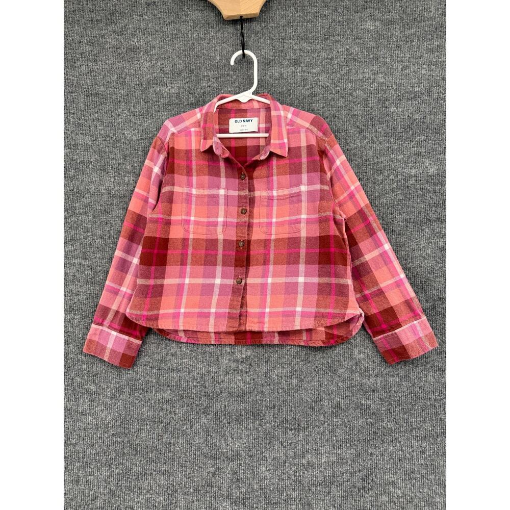 Old Navy Girls Plaid Flannel Button Up Shirt Size 6/7 Pink Cropped Boxy Cotton